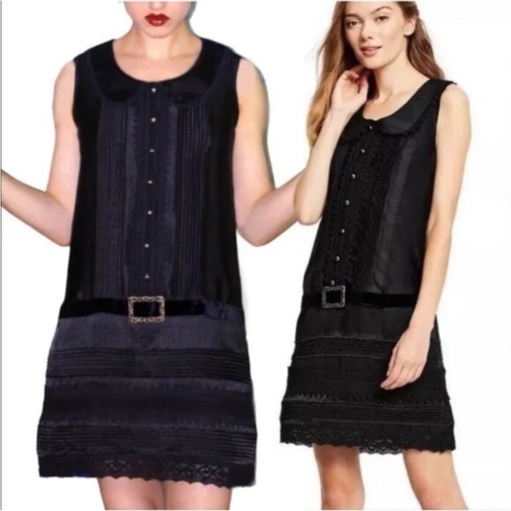 Anna Sui Black Drop Waist Velvet Belted Lace Crochet Dress XS